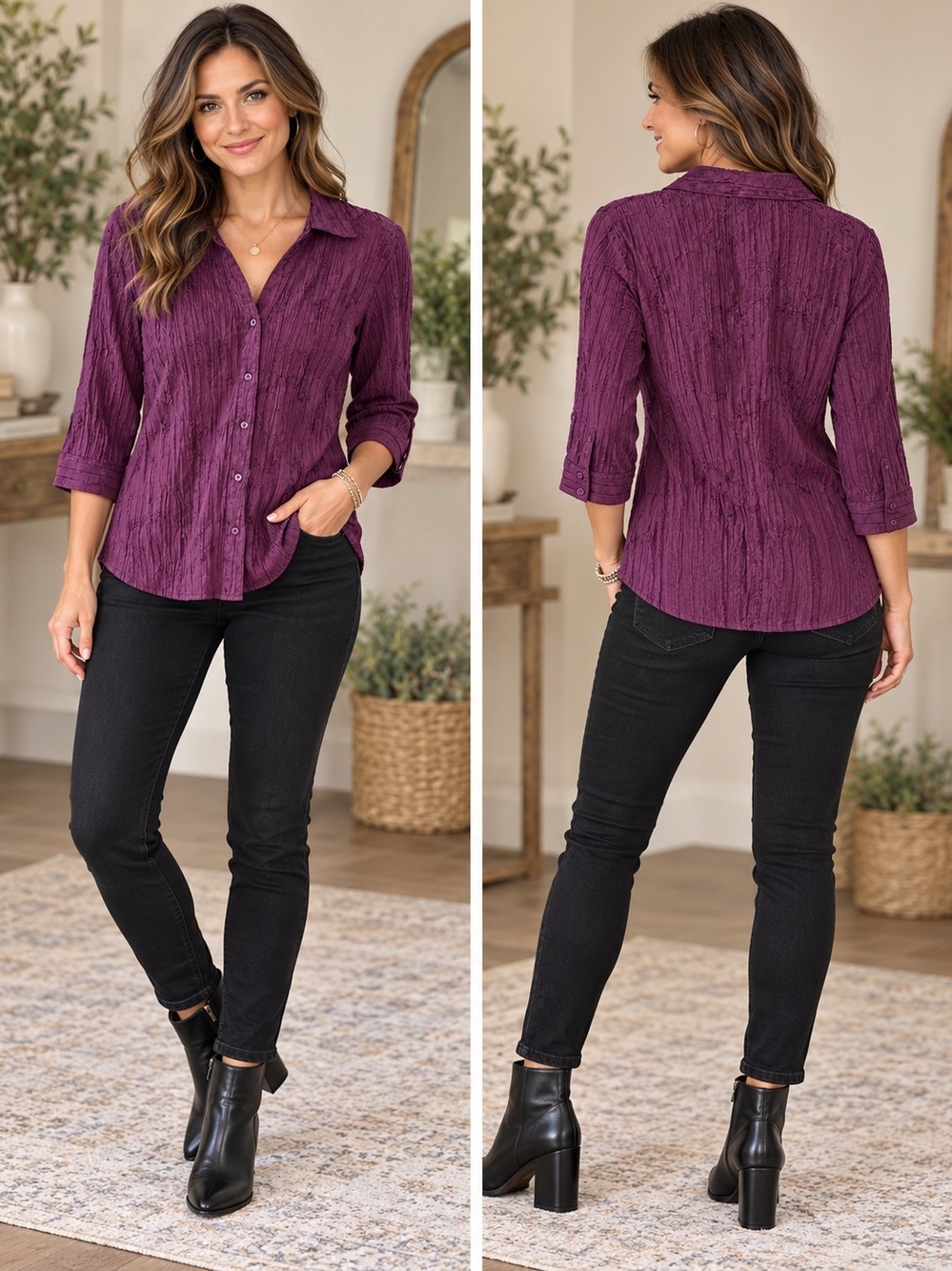 St. John's Bay Purple Crinkle 3/4-Sleeve Button-Down Blouse - Size L
